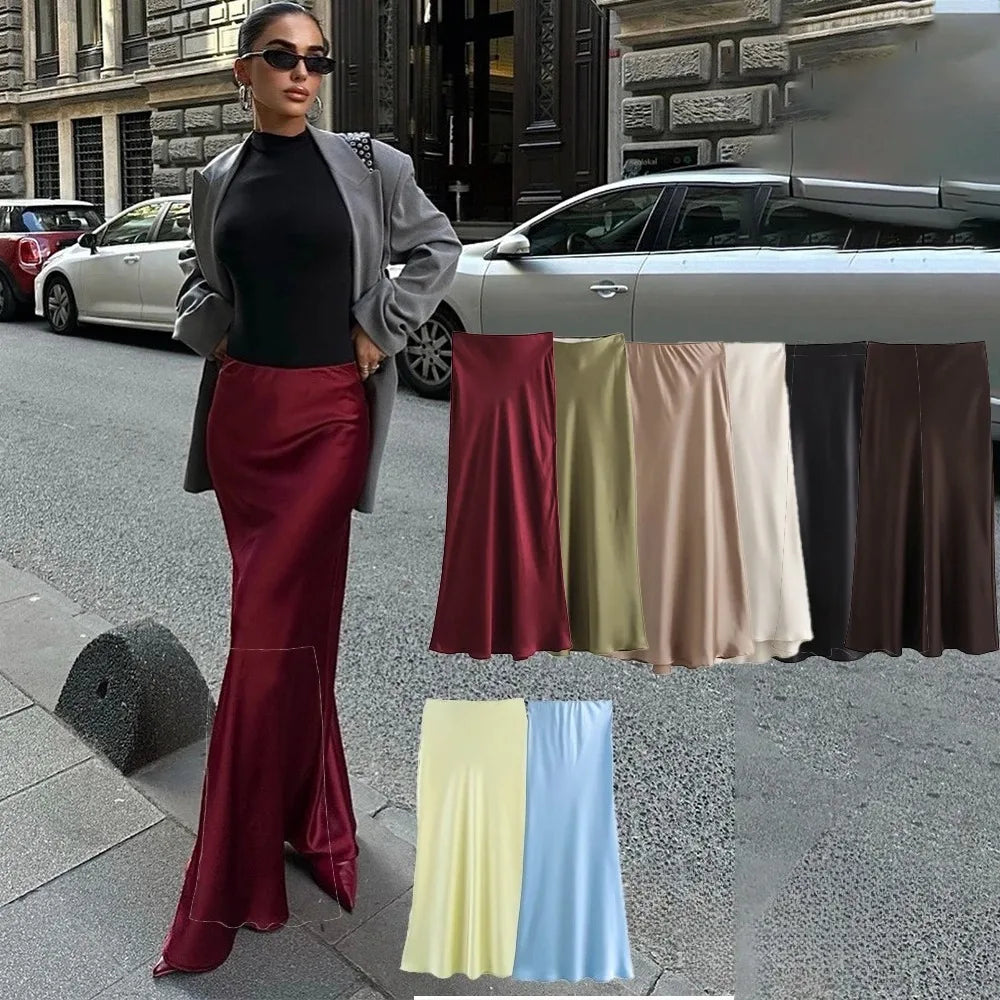 Vintage Satin Solid Long Skirts